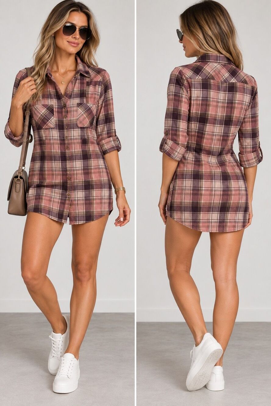 Passport Plaid Shirt Dress Mini Button Front Long Sleeve Pink Mauve Size 10